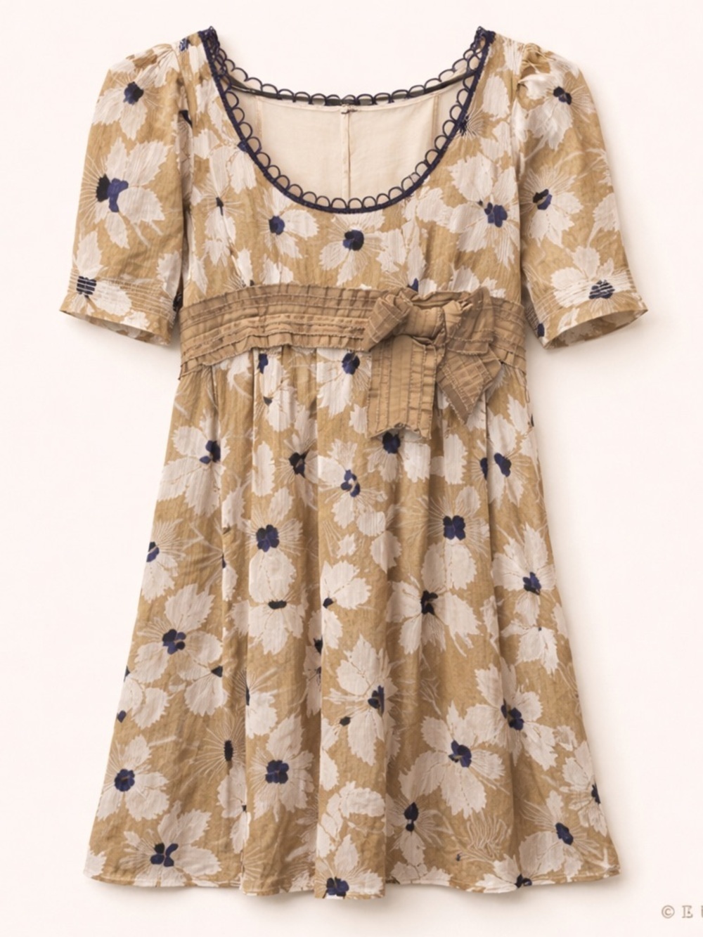 Vera Wang Tan Floral Mini Empire Waist 100% Silk Vintage Dress with Navy Trim